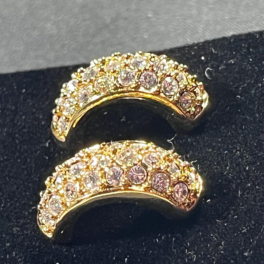 Swarovski Vintage Half Hoop Earrings Gold Plated Pink Clear Crystal Pave Signed